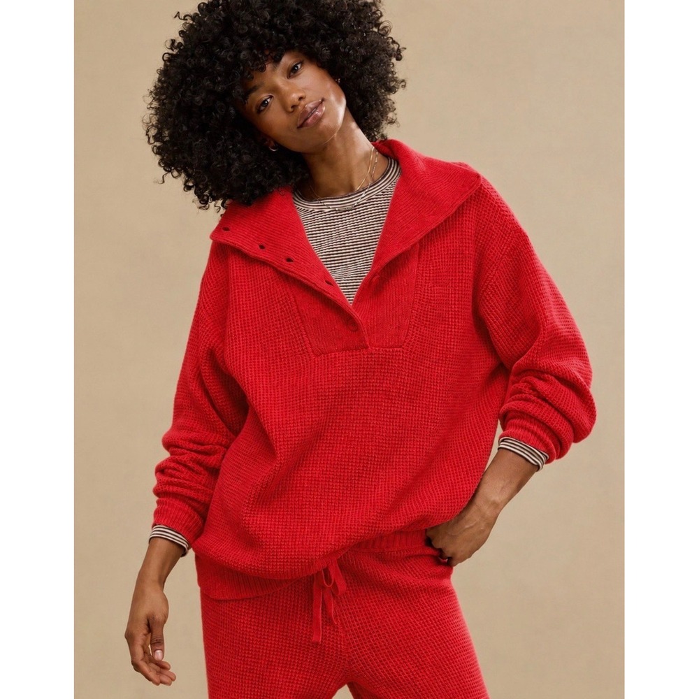 Aerie | Waffle-Knit Sweater Oversize XS Red Collared Button Long Sleeve Pullover